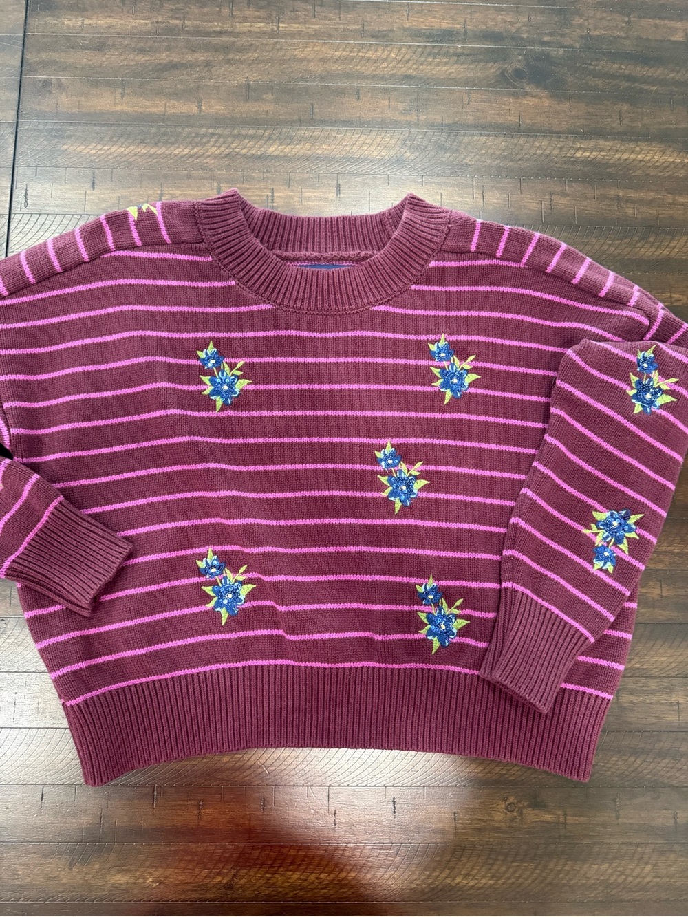 Joseph Burgundy Striped Crewneck Sweater with Blue Floral Embroidery